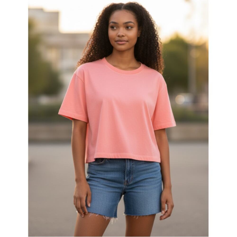 J. CREW TOP WOMENS SIZE LARGE CREW NECK COTTON BOXY TEE SHIRT HIGHLIGHTER PINK